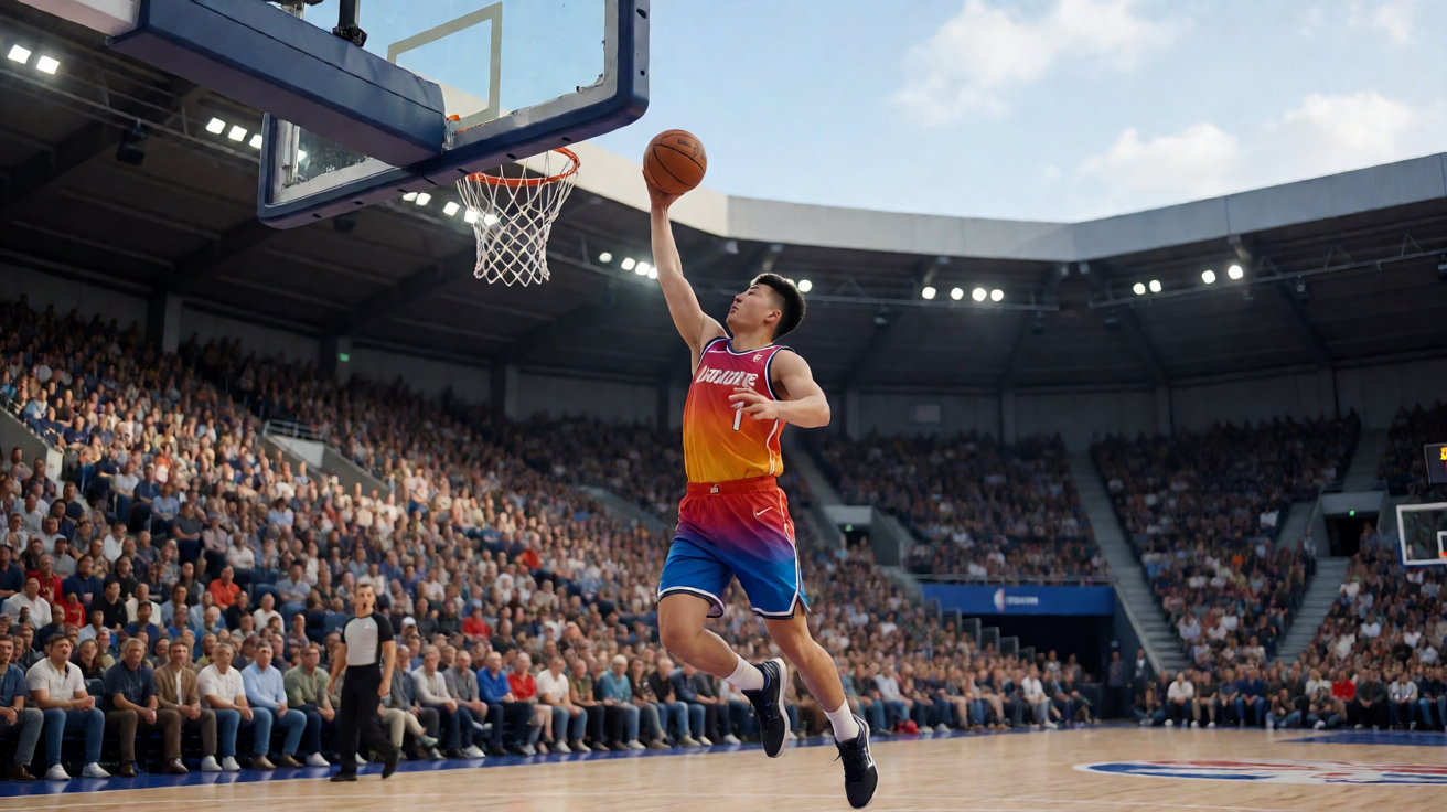 NBA篮球比赛现场——球员在空中完成扣篮动作